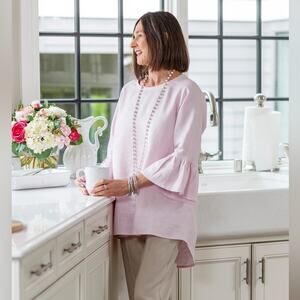 NWT Crown Linen Designs 100% Linen Bella Bell Sleeve Tunic Top In Lilac Size XS